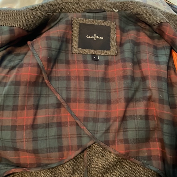 Cole Haan Car Coat Dark Brown Herringbone, Lambskin Trim - Picture 10 of 14